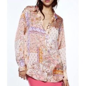 NWT Zara Paisley Floral Buttoned Collared Long Sleeved Blouse Size Large
